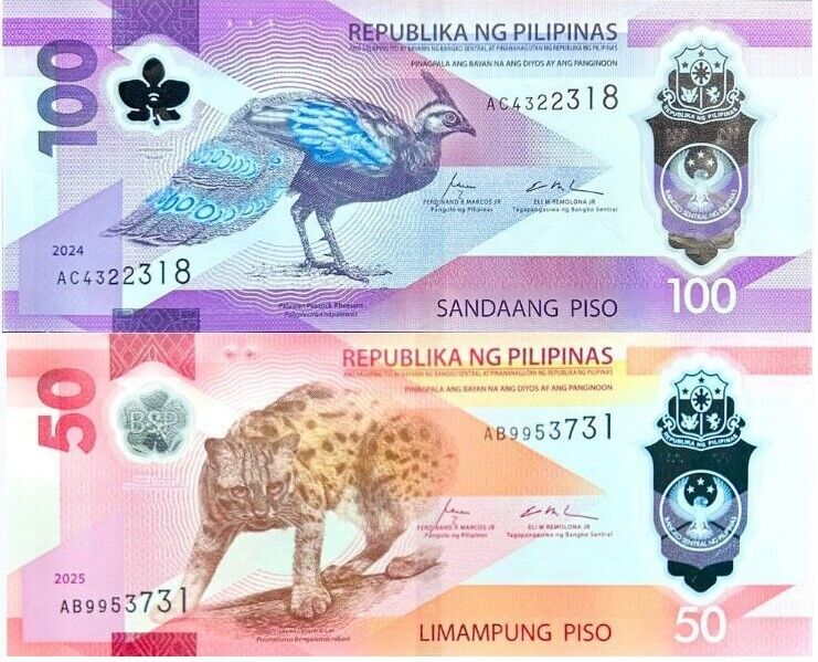 Philippines SET 2 UNC 50 100 Piso 2025/2024 Leopard Peacock Polymer P 237 238