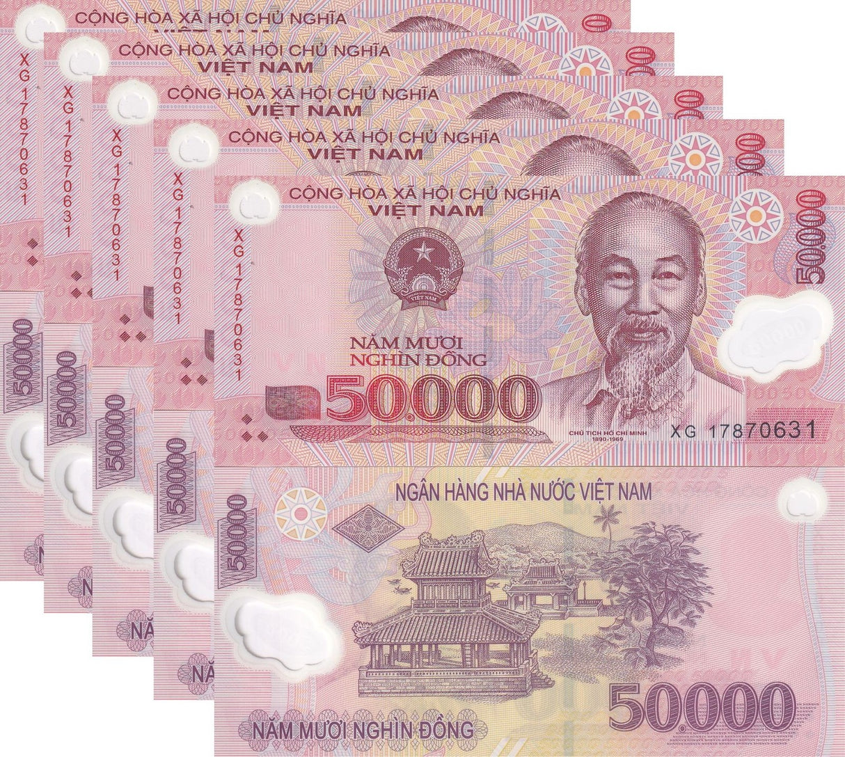 Vietnam 50000 Dong Mixed Year Polymer P 121 UNC LOT 5 PCS