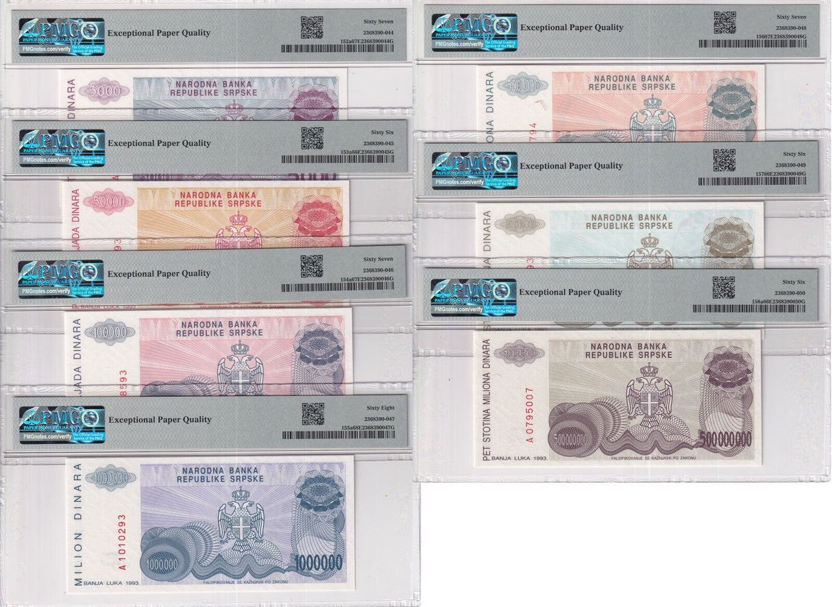 Bosnia Set 7;5000 -500 MlLLDinars 1993 P 152-158 Superb Gem UNC PMG 66 67 68 EPQ