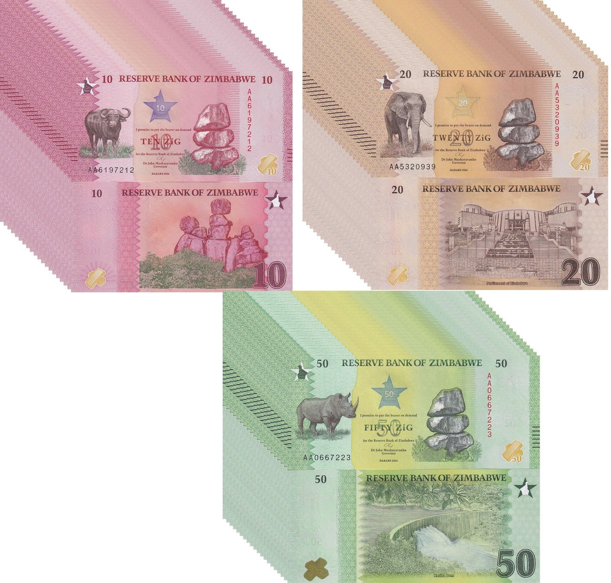 Zimbabwe SET 3 x Lot 20 Pcs 10 20 50 Zig 2026 P 115 116 117 New Design RHINO