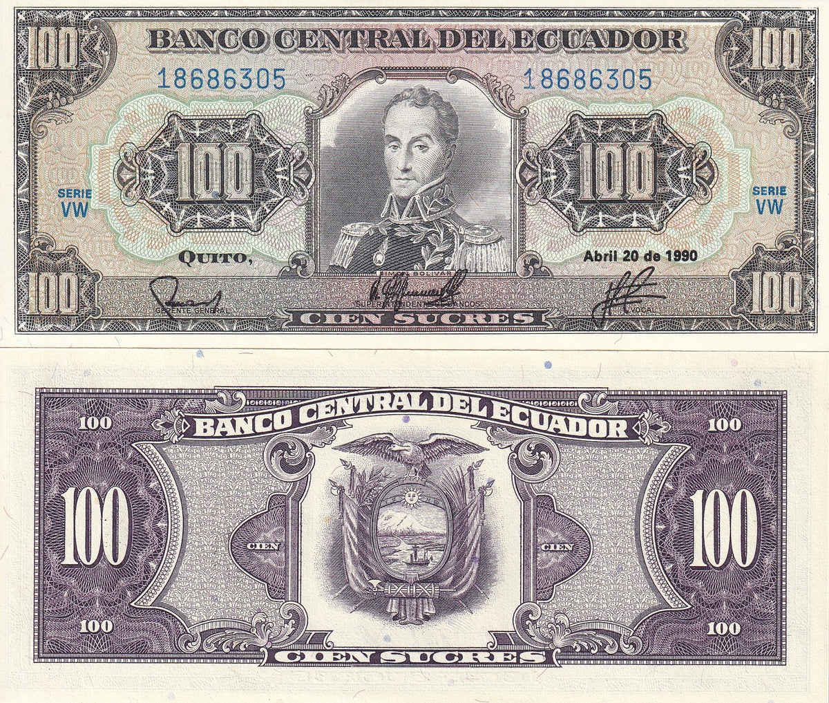 Ecuador 100 Sucres 1990 P 123 UNC Simon Bolívar Arms