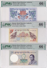 Bhutan Set 3; 1 5 10 Ngultrum 2006 2015 2019 P 27 28 29 Gem UNC PMG 66 EPQ
