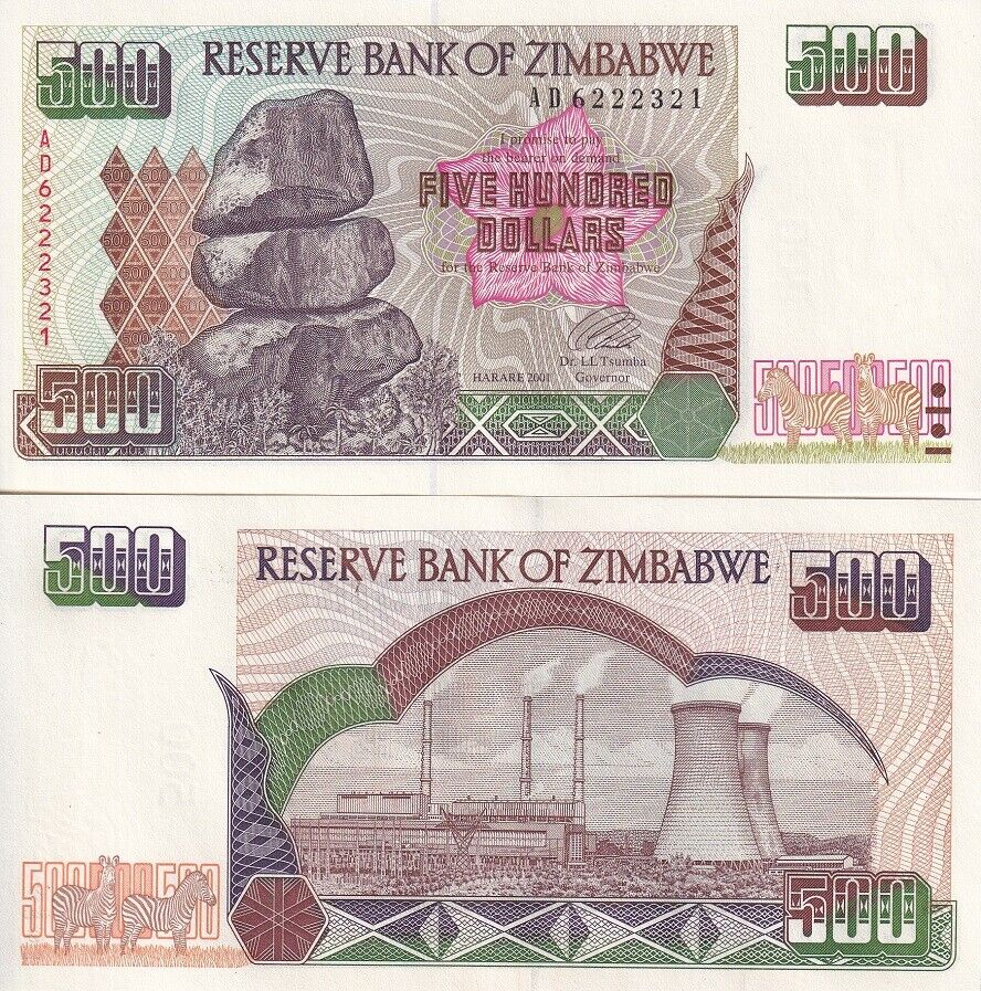 Zimbabwe 500 Dollars 2001 P 11 UNC LOT 5 PCS