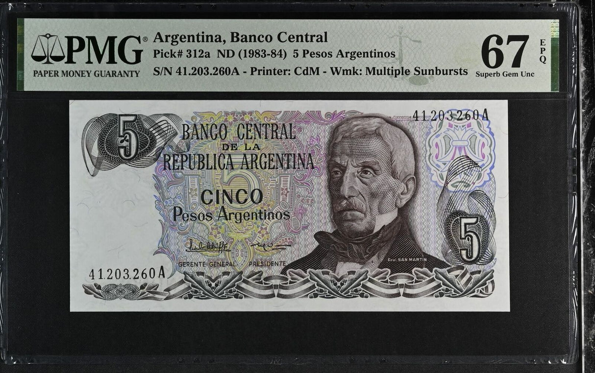 Argentina 5 Pesos Argentinos ND 1983-1984 P 312 a Superb Gem UNC PMG 67 EPQ