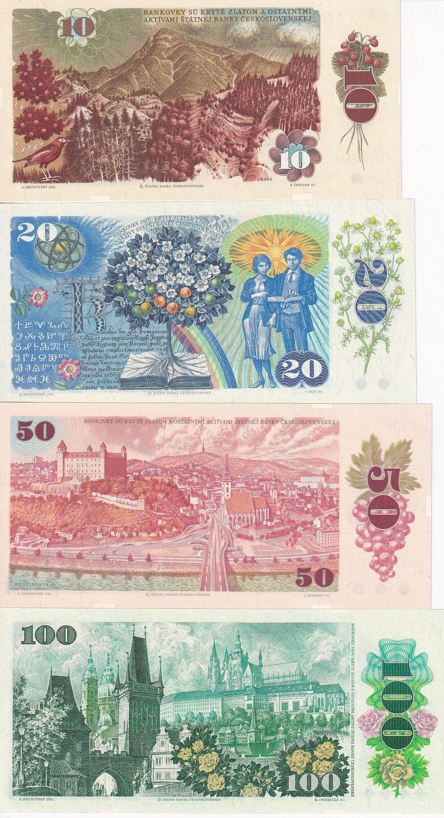 Czechoslovakia Set 4 PCS 10 20 50 100 Korun 1989-1989 P 94 95 96 97 UNC