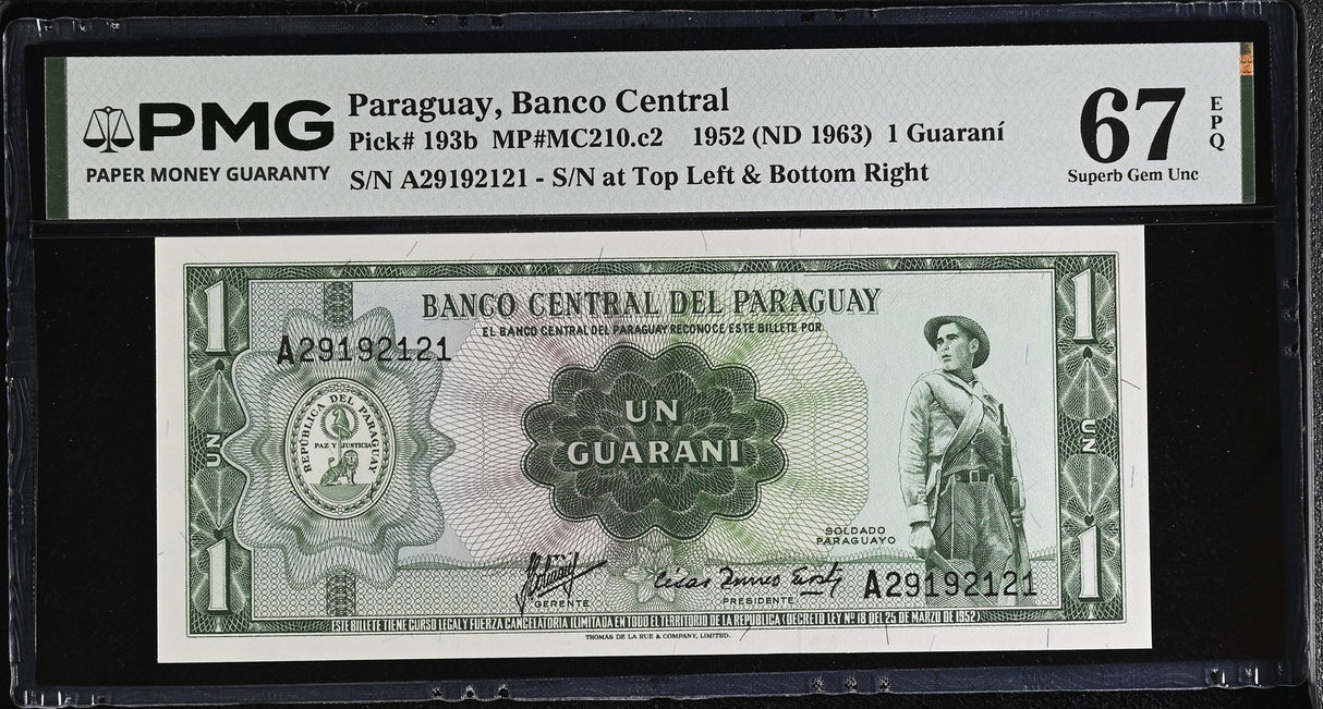 Paraguay 1 Guaranies 1952 ND 1963 P 193 b Superb Gem UNC PMG 67 EPQ TOP POP