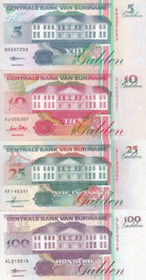 Suriname SET 4 UNC 5 10 25 100 Gulden Random Years P 136 137 138 139