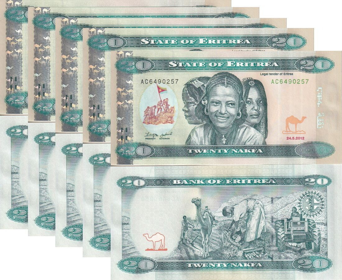 Eritrea 20 Nafka 2012 P 12 UNC LOT 5 PCS,Fieldwork Girls and Camel Tractor Green