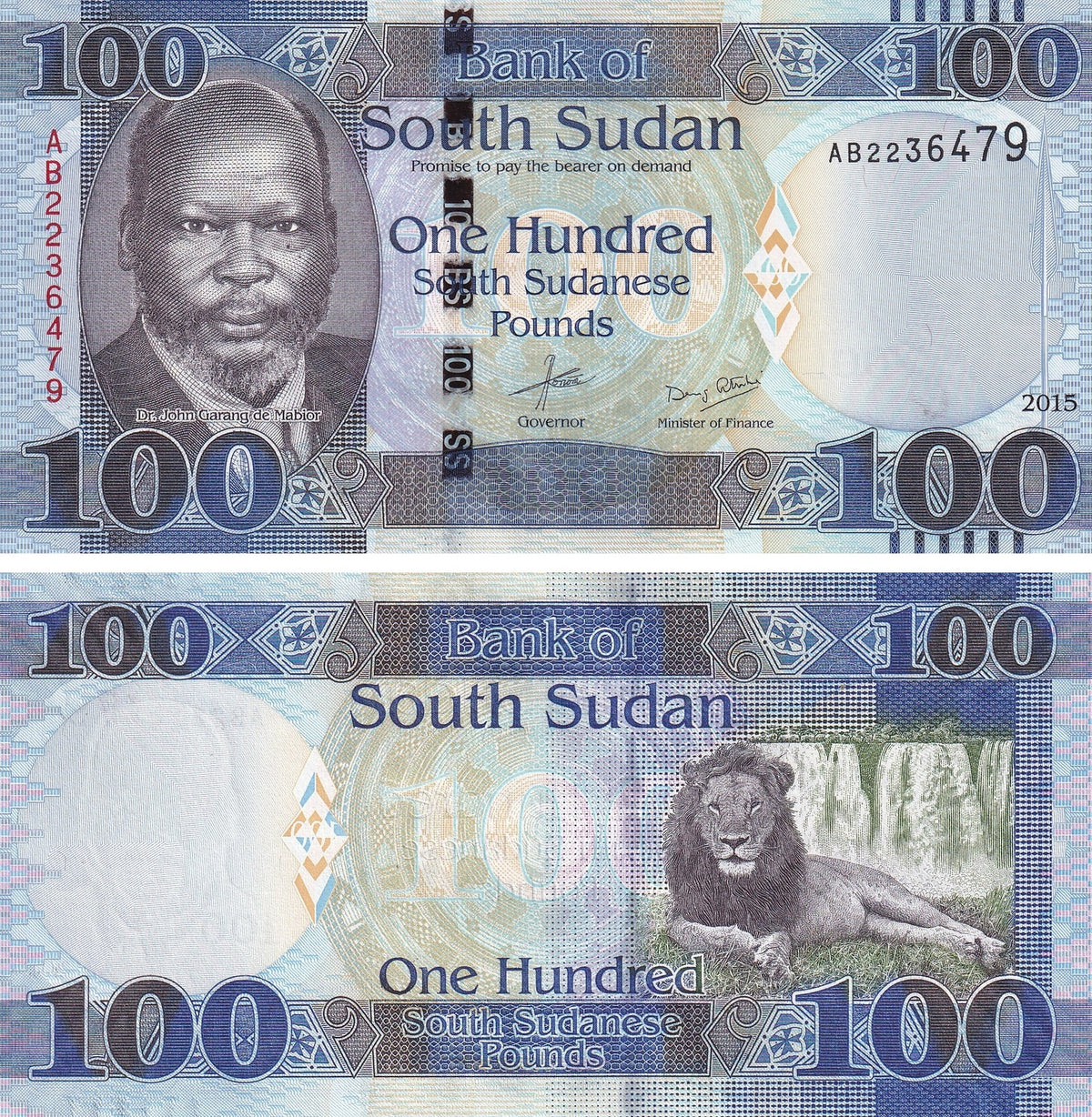 South Sudan 100 Pounds 2015 P 15 a UNC, John Garang, Lion, waterfall