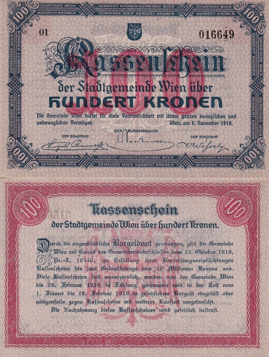 Austria 100 Kronen 1918 Municipality of Vienna , Kassenschein P NL AUnc