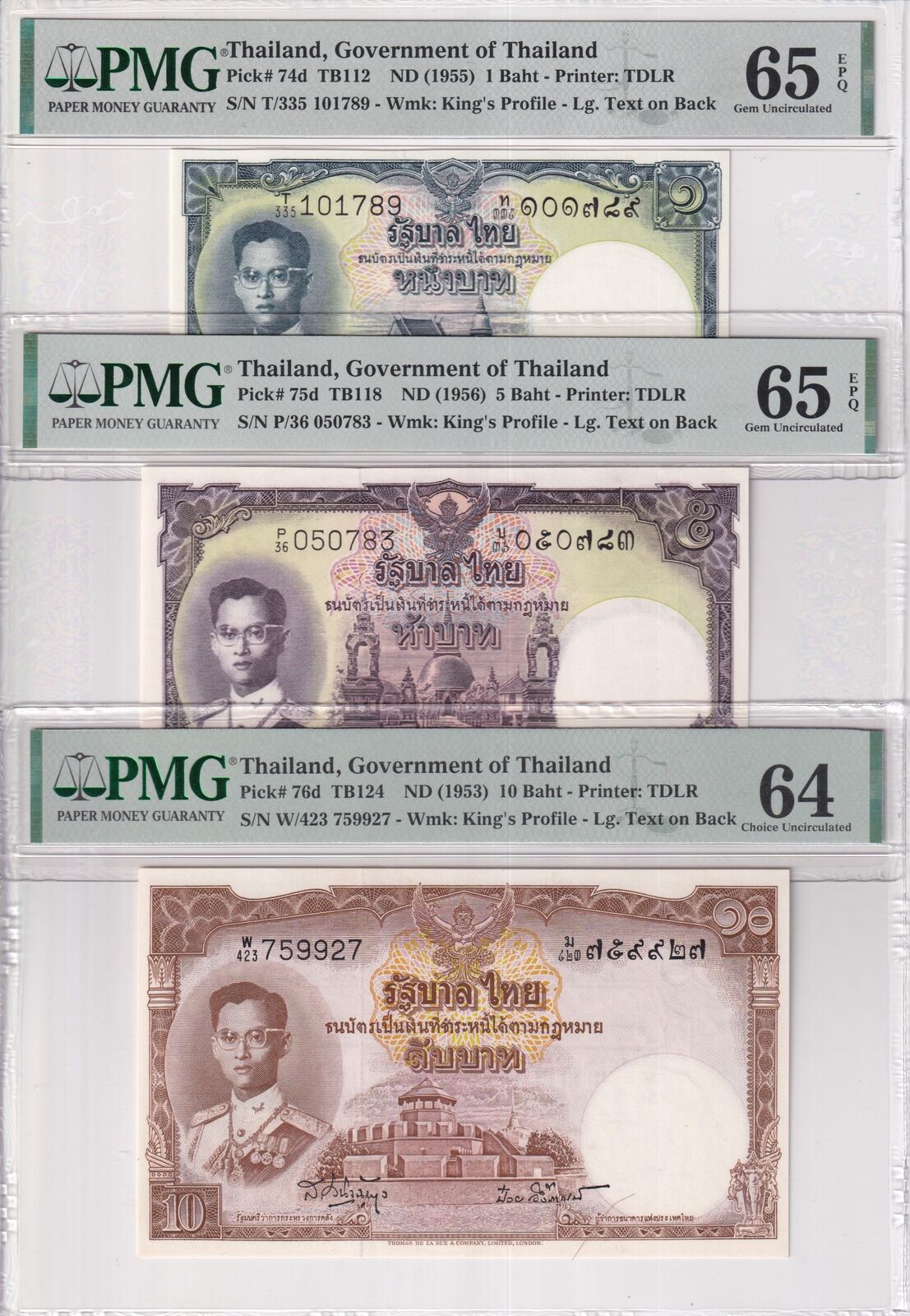 Thailand Set 3; 1 5 10 Baht ND 1953 P 74  P 75 P 76 d Gem UNC PMG 64 65 EPQ