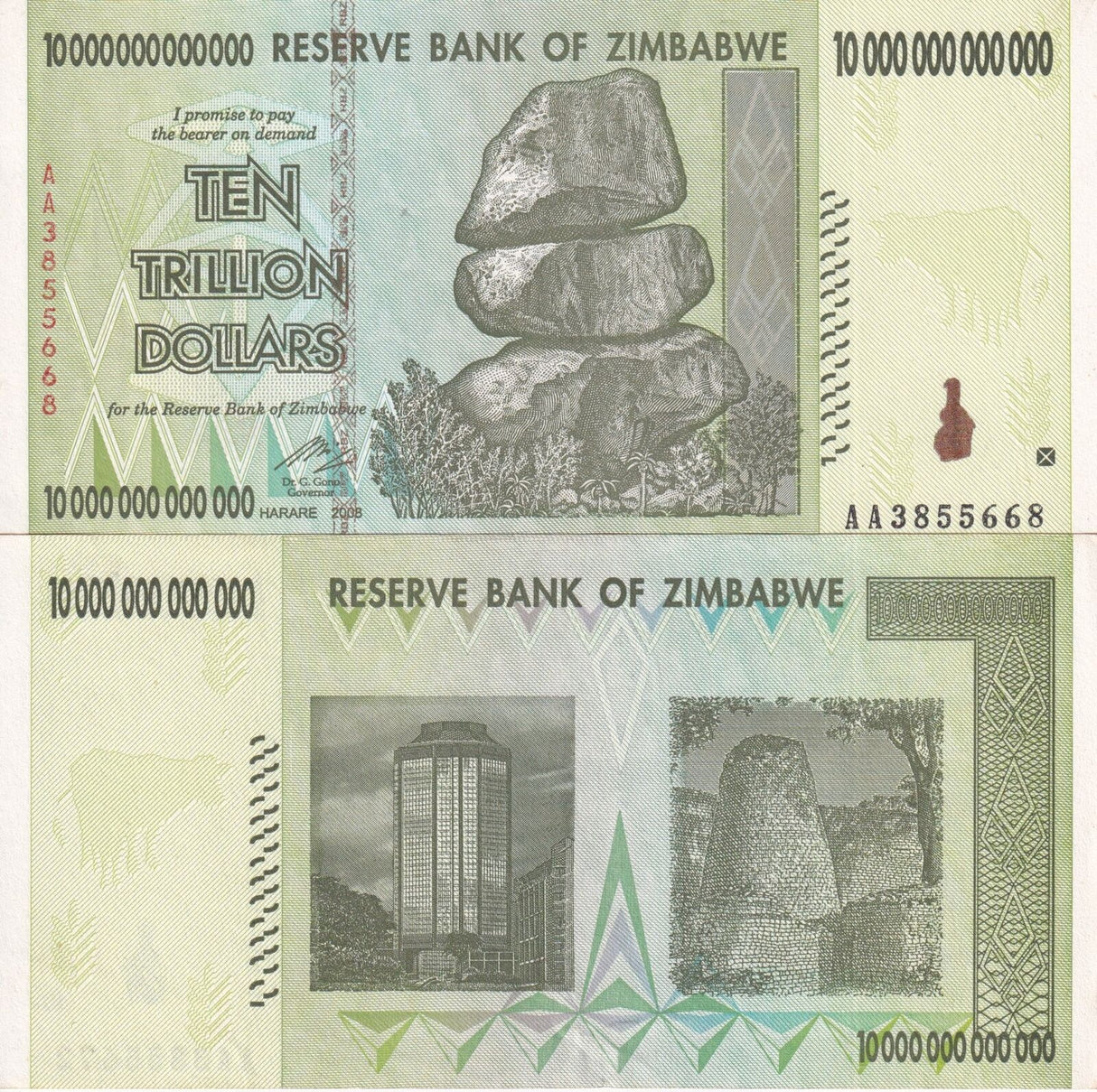 Zimbabwe 10 Trillion Dollars 2008 AA Prefix P 88 XF+