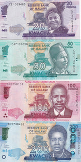 Malawi Set 4 Pcs 20 50 100 200 Kwacha Random Date P 60 P 63 P 64 P 65 UNC
