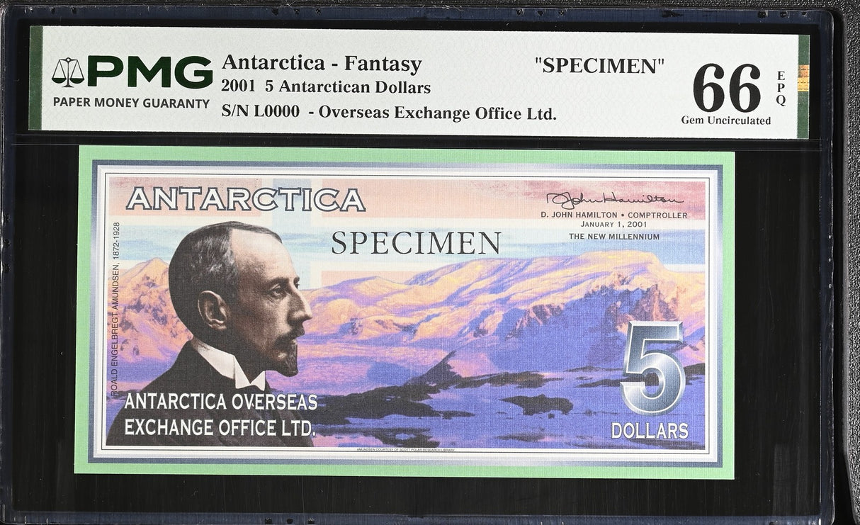 ANTARCTICA 5 Antarctican Dollars 2001 SPECIMEN Gem UNC PMG 66 EPQ