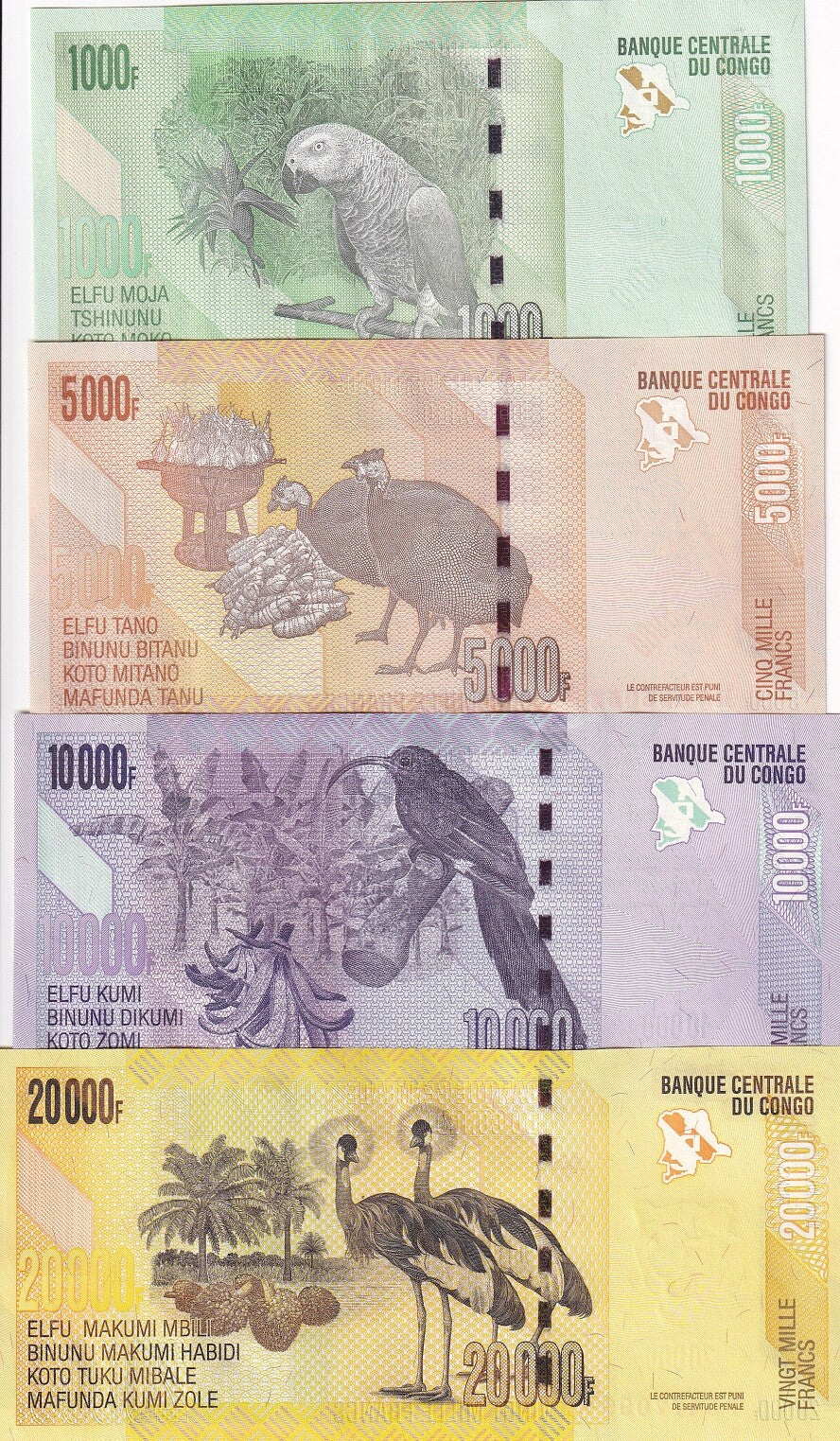 Congo Set 4 UNC 1000 5000 10000 20000 Francs 2020-2022 P 101 102 103 104