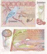 Suriname 2 1/2 Gulden 1978 P 118 UNC ,Afobaka dam, Lizard Blue-gray tanager