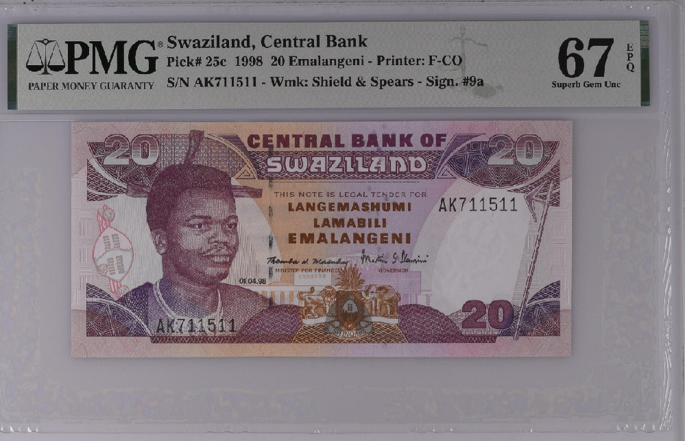 Swaziland 20 Emalangeni 1998 P 25 c Superb Gem UNC PMG 67 EPQ