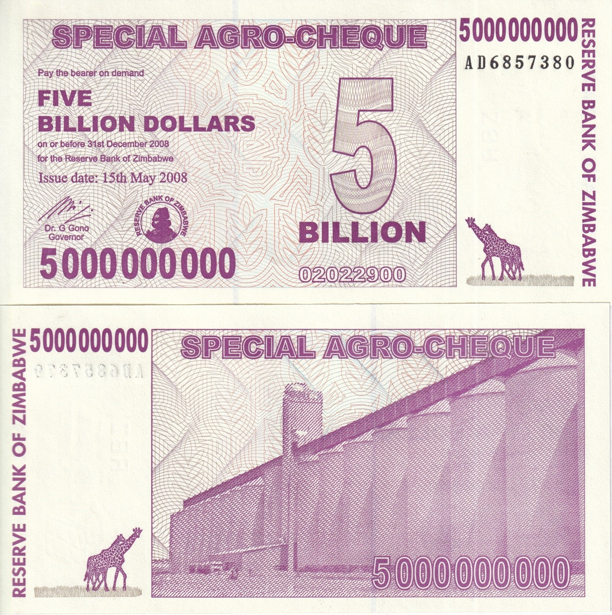Zimbabwe 5 Billion Dollars 2008 P 61 UNC ,Grain silos , Giraffe