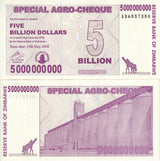 Zimbabwe 5 Billion Dollars 2008 P 61 UNC ,Grain silos , Giraffe