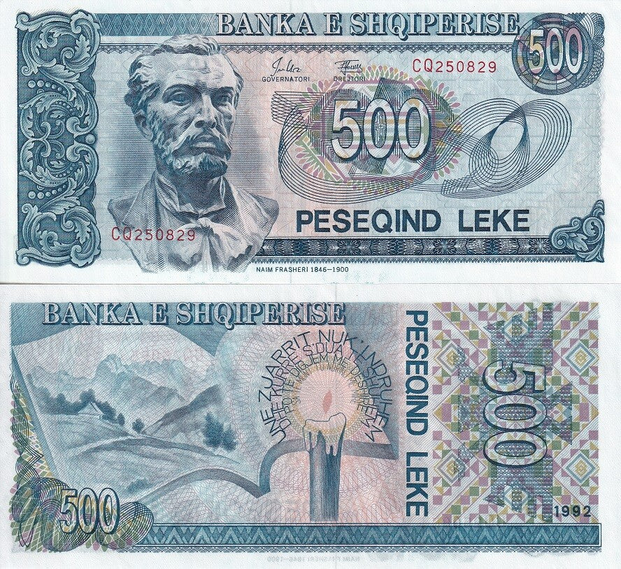 Albania 500 Leke 1992 P 53 UNC ,Mountains, candle, poetry ,Naim Frasheri