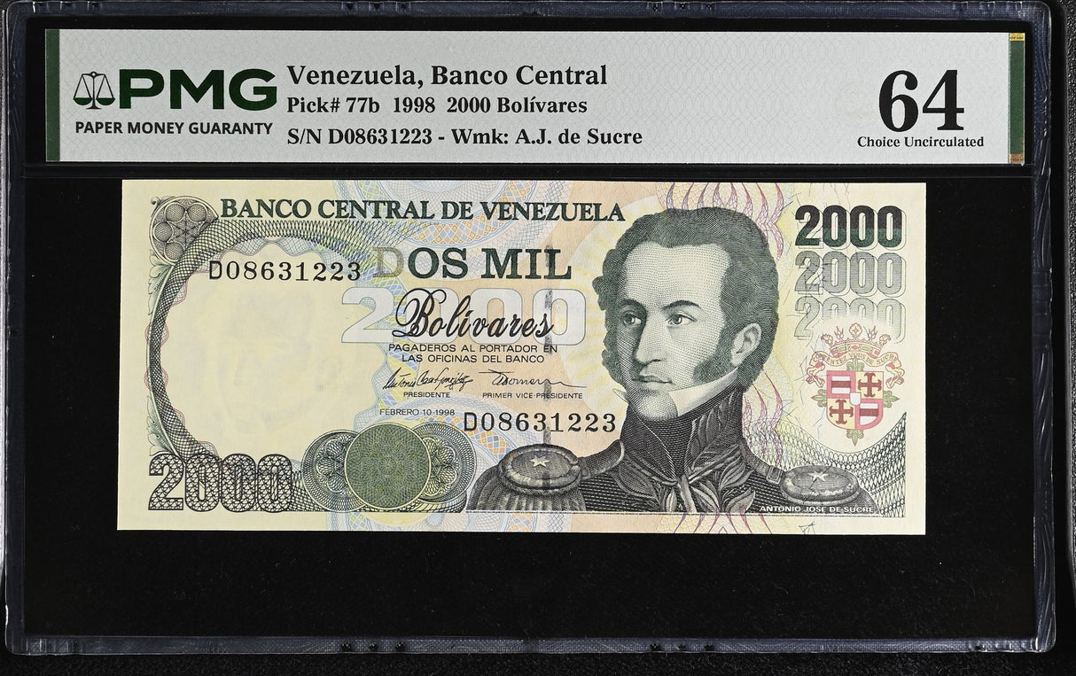 Venezuela 2000 Bolivares 1998 P 77 b Choice UNC PMG 64 WTM A.J. de Sucre