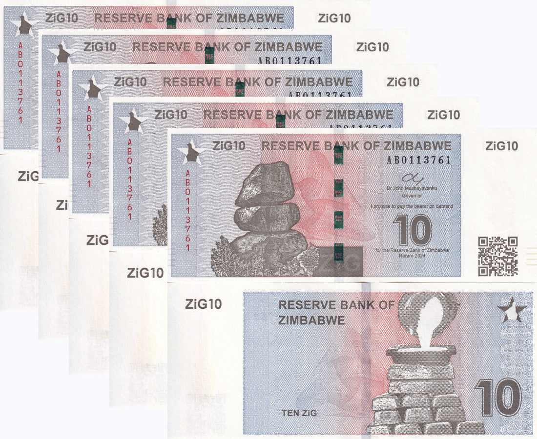 Zimbabwe 10 ZiG 2024 P 110 Gold Reserve Backed UNC With QR Code Lot 5 Pcs