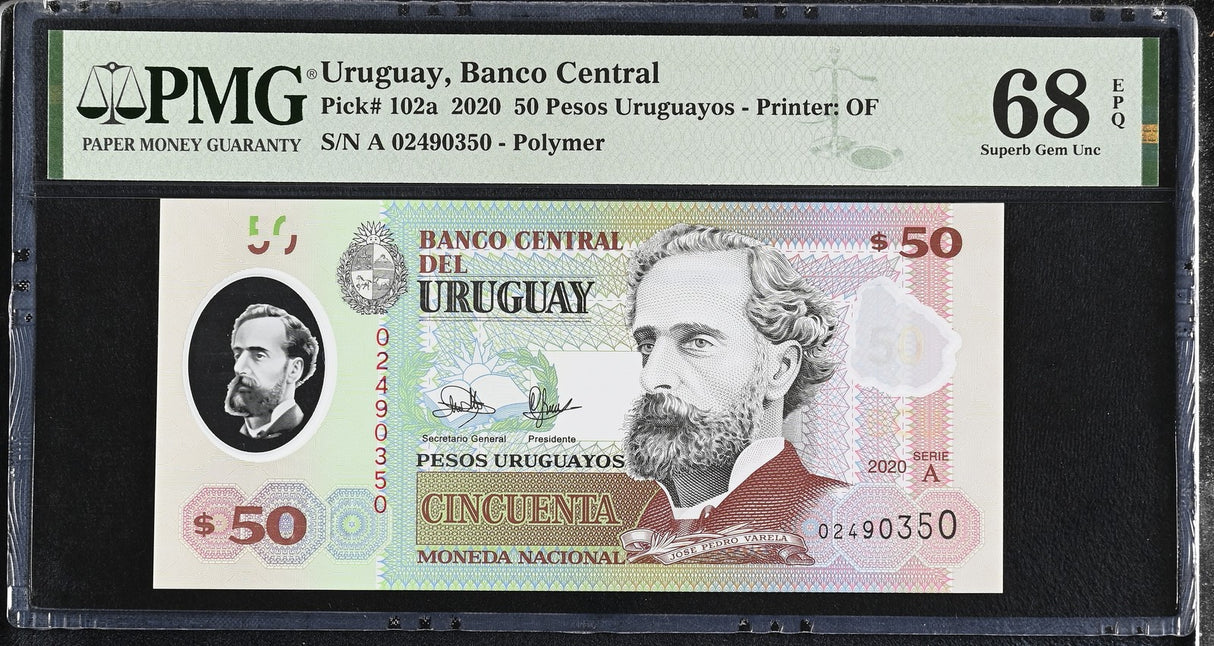 Uruguay 50 Pesos 2020 P 102 a Polymer Superb Gem UNC PMG 68 EPQ
