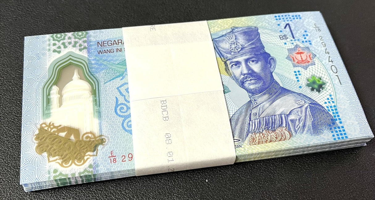 Brunei 1 Dolar Dollar 2024 / 2026 P NEW Polymer Design UNC LOT 100 Pcs 1 BUNDLE