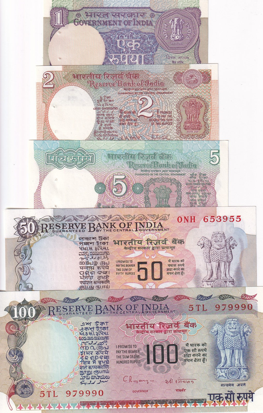 India Set 5 Pcs 1 2 5 50 100 Rupees P 78 79 80 84 P 86 Random Sign UNC W/H