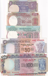 India Set 5 Pcs 1 2 5 50 100 Rupees P 78 79 80 84 P 86 Random Sign UNC W/H