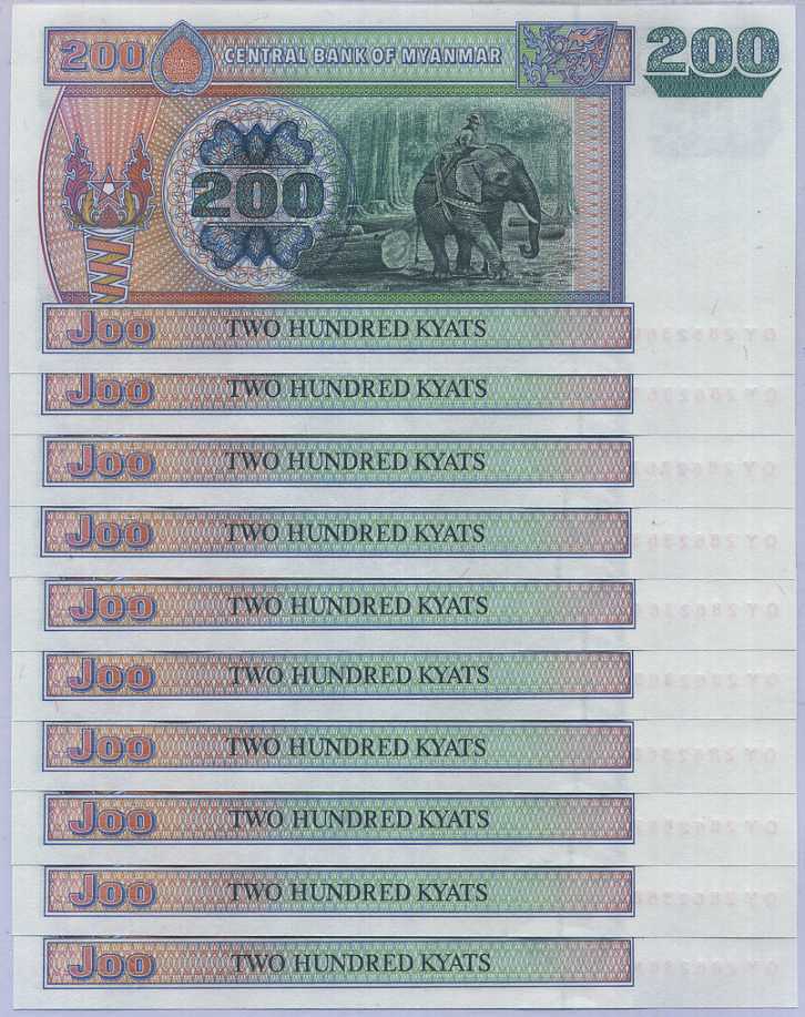 Myanmar 200 KYATS 2004 BURMA P 78 UNC LOT 10 PCS