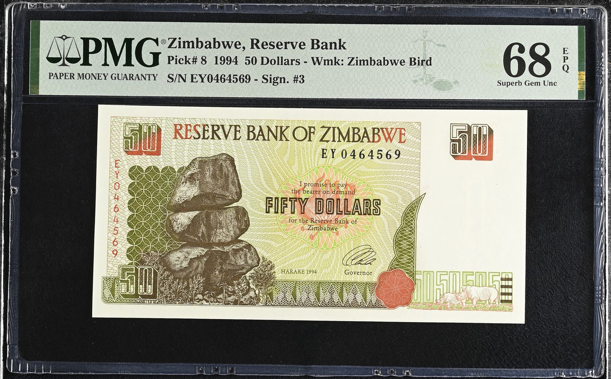 Zimbabwe 50 Dollars 1994 P 8 Superb Gem UNC PMG 68 EPQ TOP POP