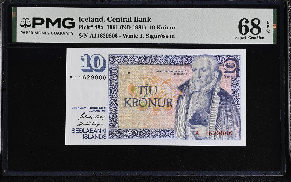 Iceland 10 Kronur 1961 ND 1981 P 48 a Superb Gem UNC PMG 68 EPQ