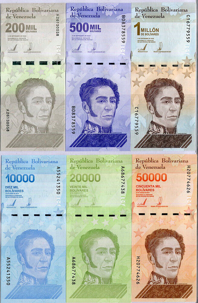 Venezuela Set 6 UNC 10K 20K 50K 200K 500K 1 Million Bolivare 2020/2021 P 109-114