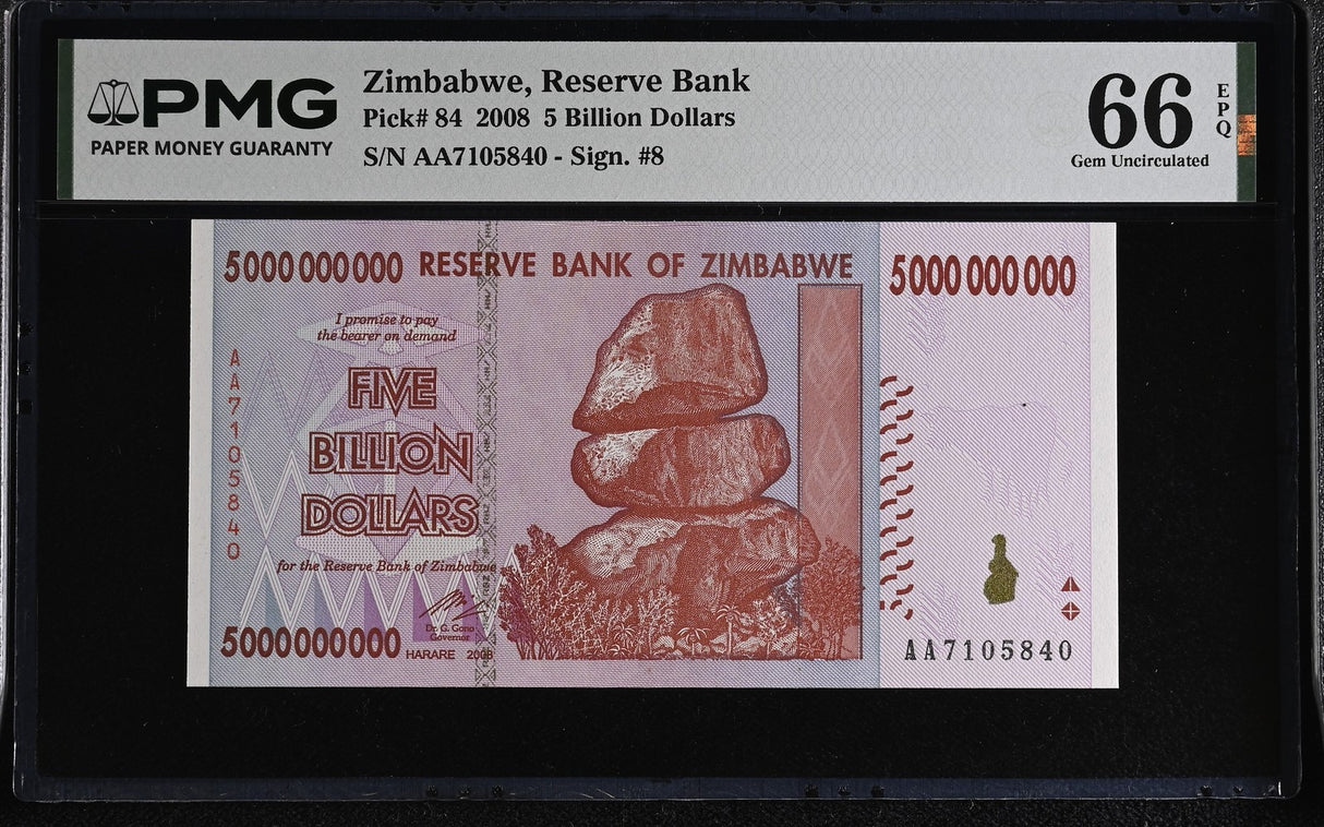 Zimbabwe 5 Billion Dollars 2008 P 84 Gem UNC PMG 66 EPQ , Grade Note