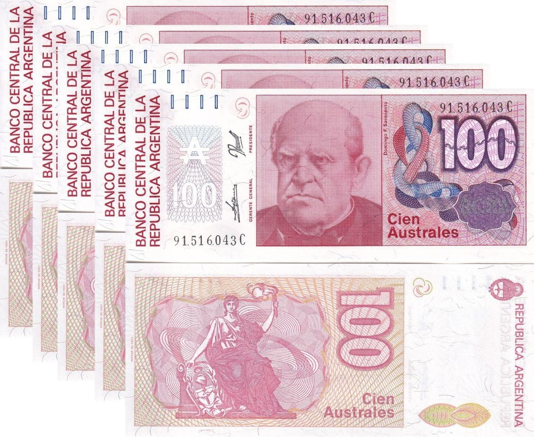 Argentina 100 Australes 1985 P 327 c UNC LOT 5 PCS ,Progreso
