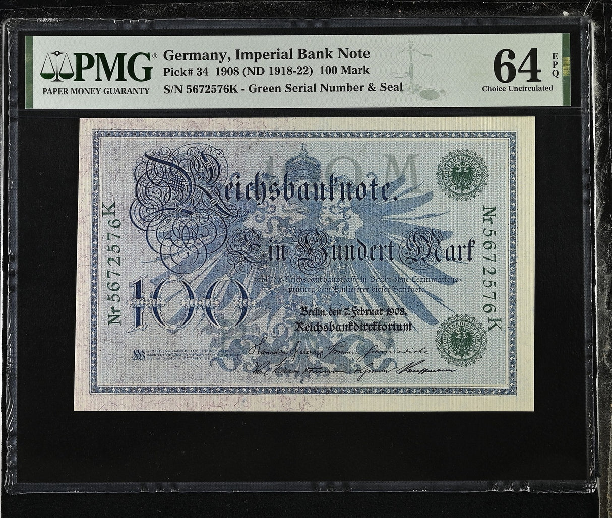 Germany Reichsbank 100 Mark 1908 ND 1918-1922 P 34 Choice UNC PMG 64 EPQ