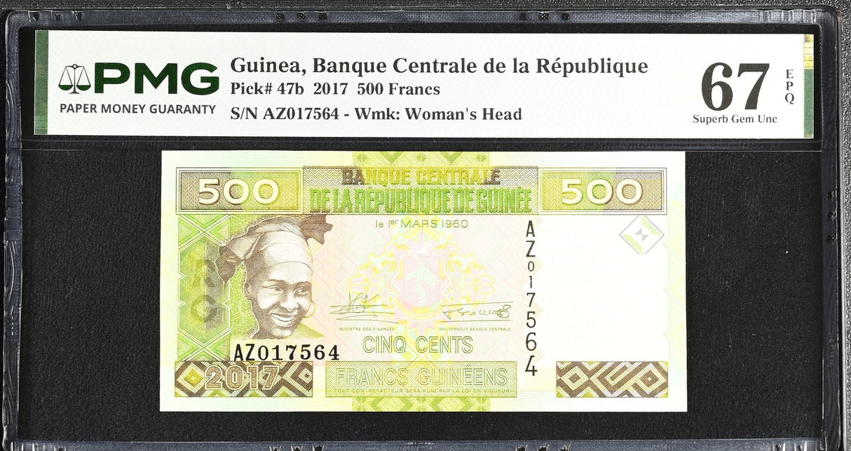 Guinea 500 Francs 2017 P 47 b AZ Prefix Replacement Superb Gem UNC PMG 67 EPQ