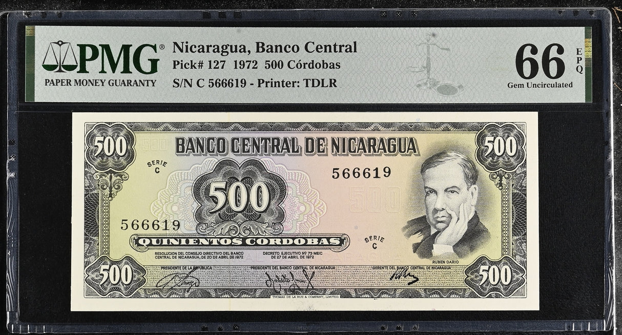 Nicaragua 500 Cordobas 1972 P 127 Gem UNC PMG 66 EPQ