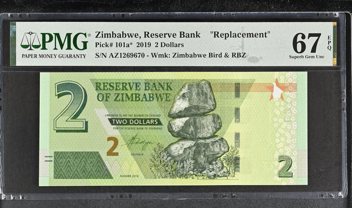 Zimbabwe 2 dollars 2019 P 101 a* Replacement Superb GEM PMG 67 EPQ