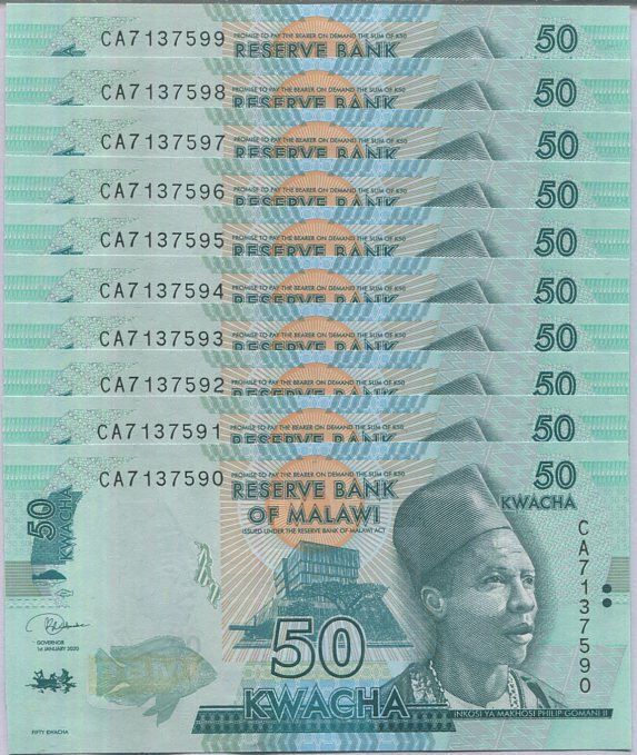 Malawi 50 Kwacha 2020 P 64 NEW SIGN LOT 10 UNC