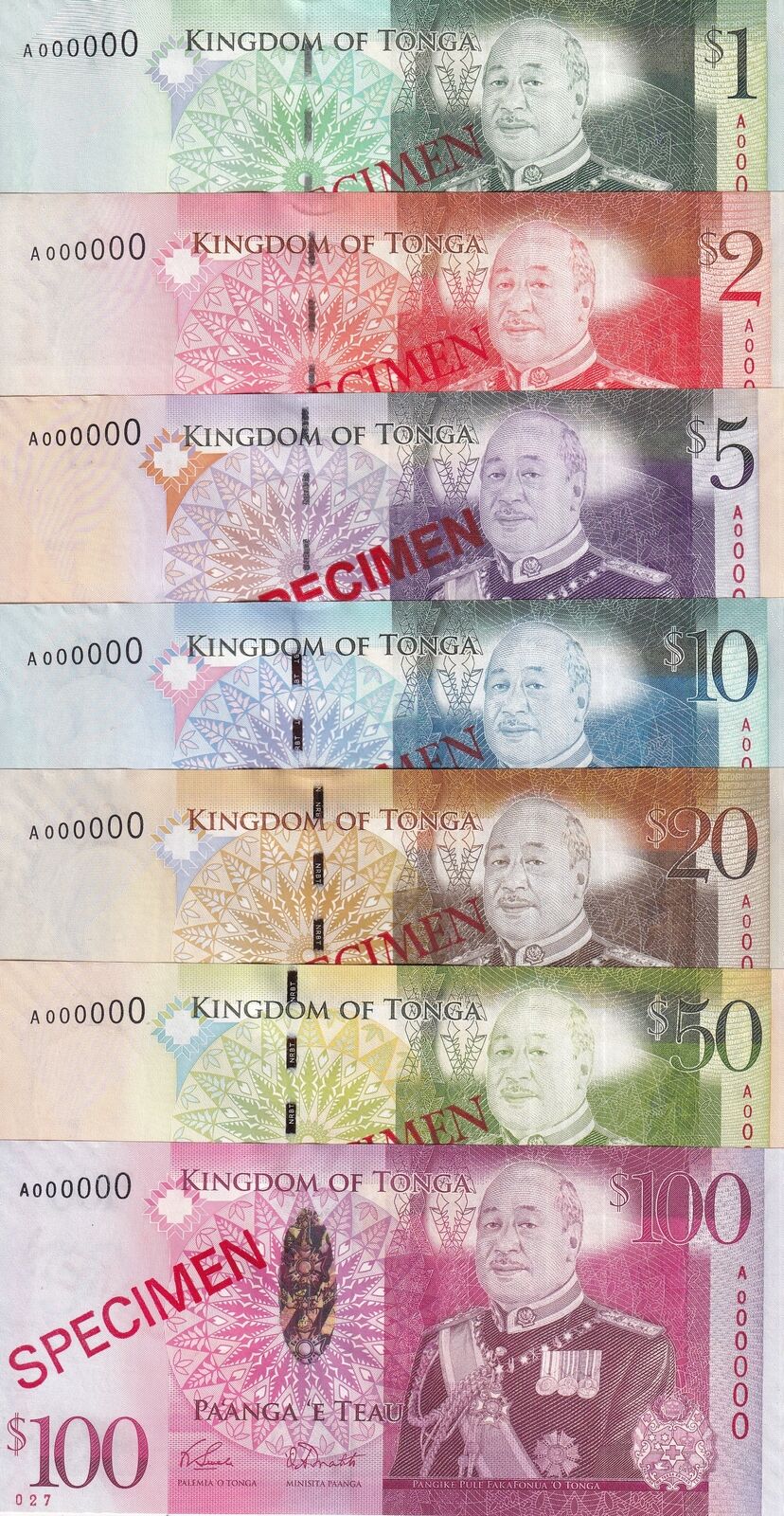 Tonga Set 7 UNC 1 2 5 10 20 50 100 Pa'anga ND 2009 P 37 38 39 40 - 43 SPECIMEN