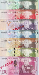 Tonga Set 7 UNC 1 2 5 10 20 50 100 Pa'anga ND 2009 P 37 38 39 40 - 43 SPECIMEN