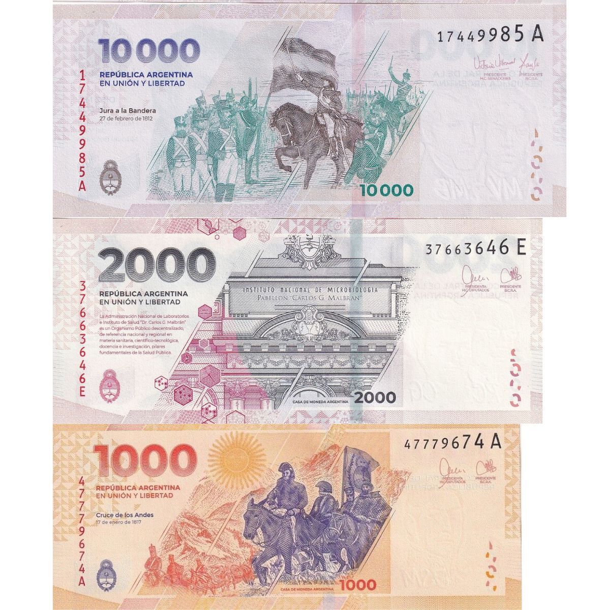 Argentina SET 3 PCS 1000 2000 10000 Pesos ND 2023 2024 P 367 368 b 369 NEW UNC