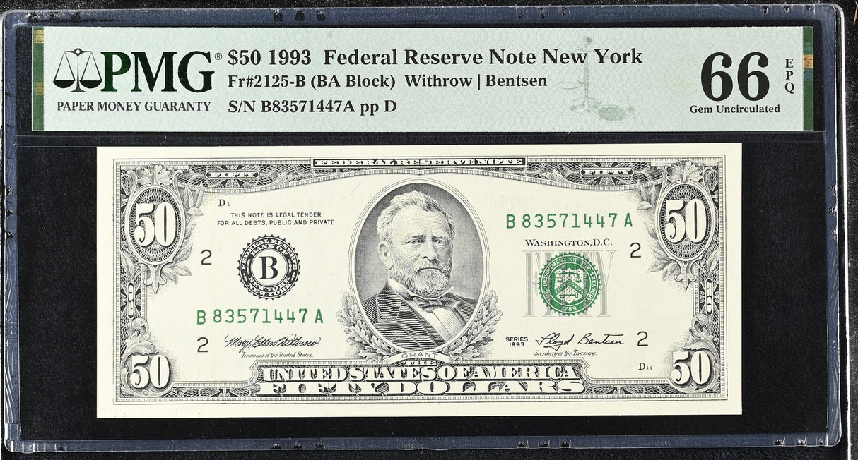 United States 50 Dollars Usa 1993 P 494 B New York Gem UNC PMG 66 EPQ