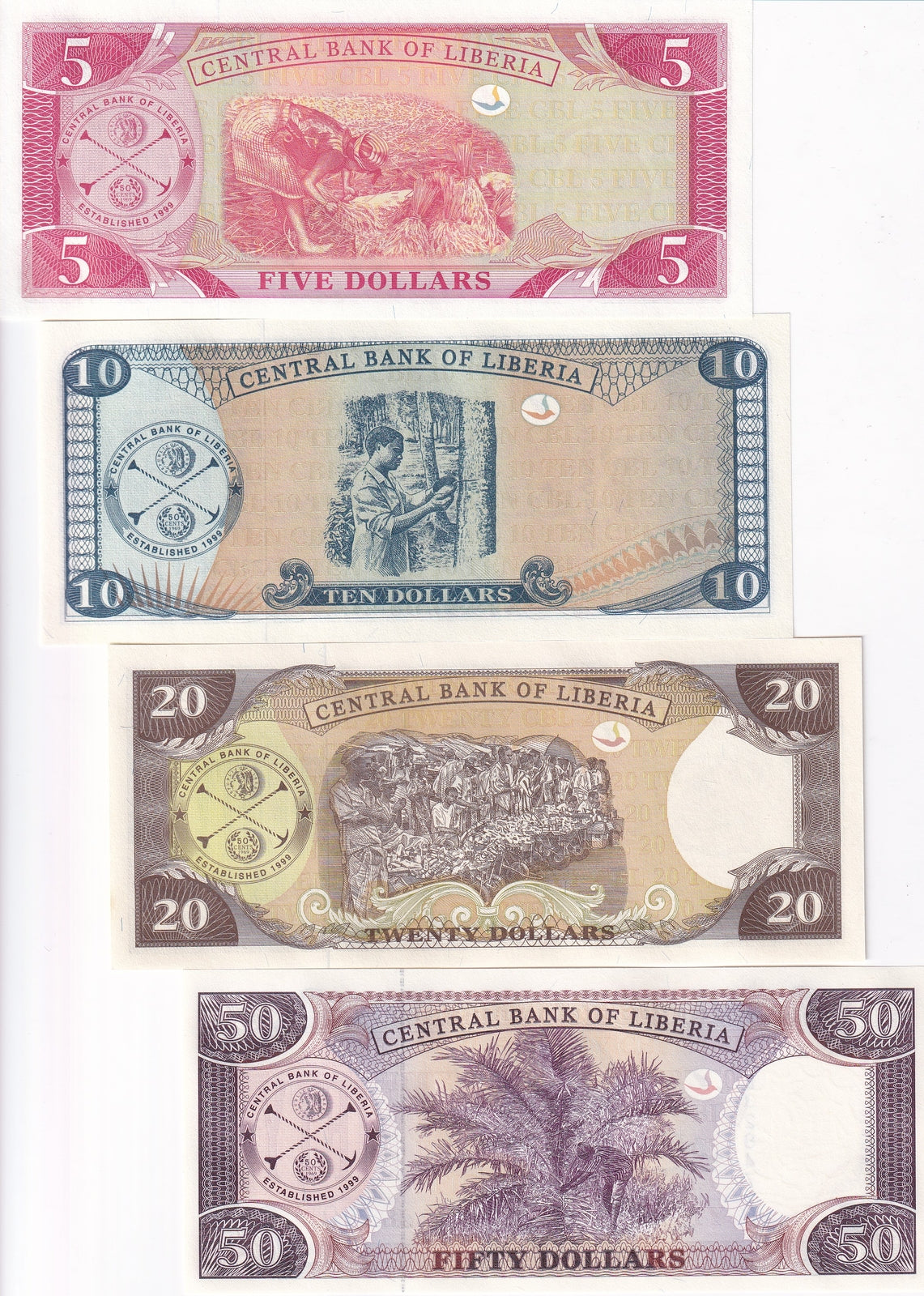 Liberia Set 4 UNC 5 10 20 50 Dollars Random Year P 26 P 27 P 28 P 29