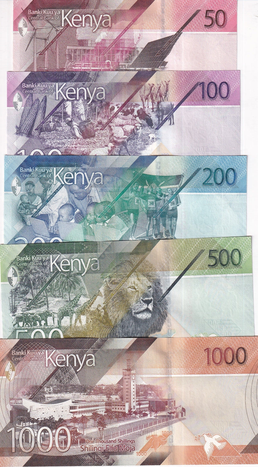 Kenya Set 5 UNC 50 100 200 500 1000 Shillings 2019 P 52 53 54 55 56