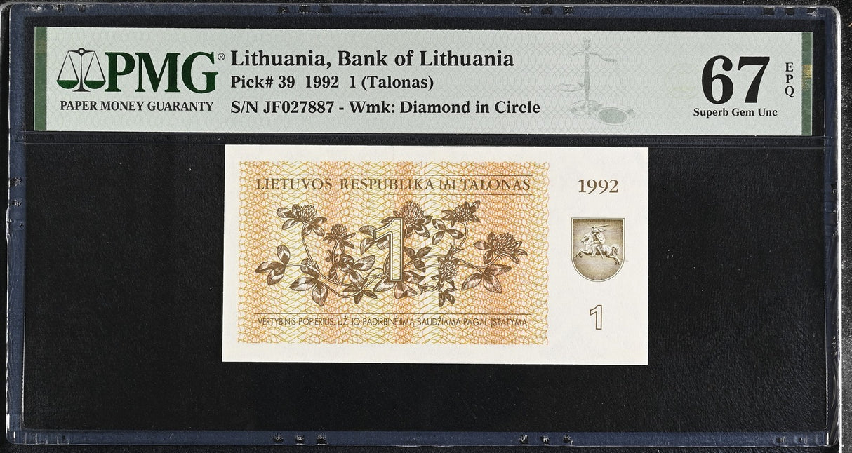 Lithuania 1 Talonu 1992 P 39 Superb Gem UNC PMG 67 EPQ