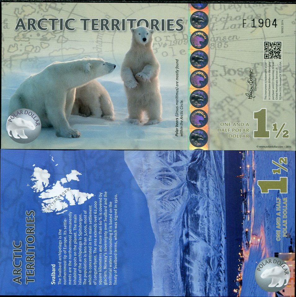 Arctic Territories 1.5 Dollar 2014 Polymer Polar Bears UNC