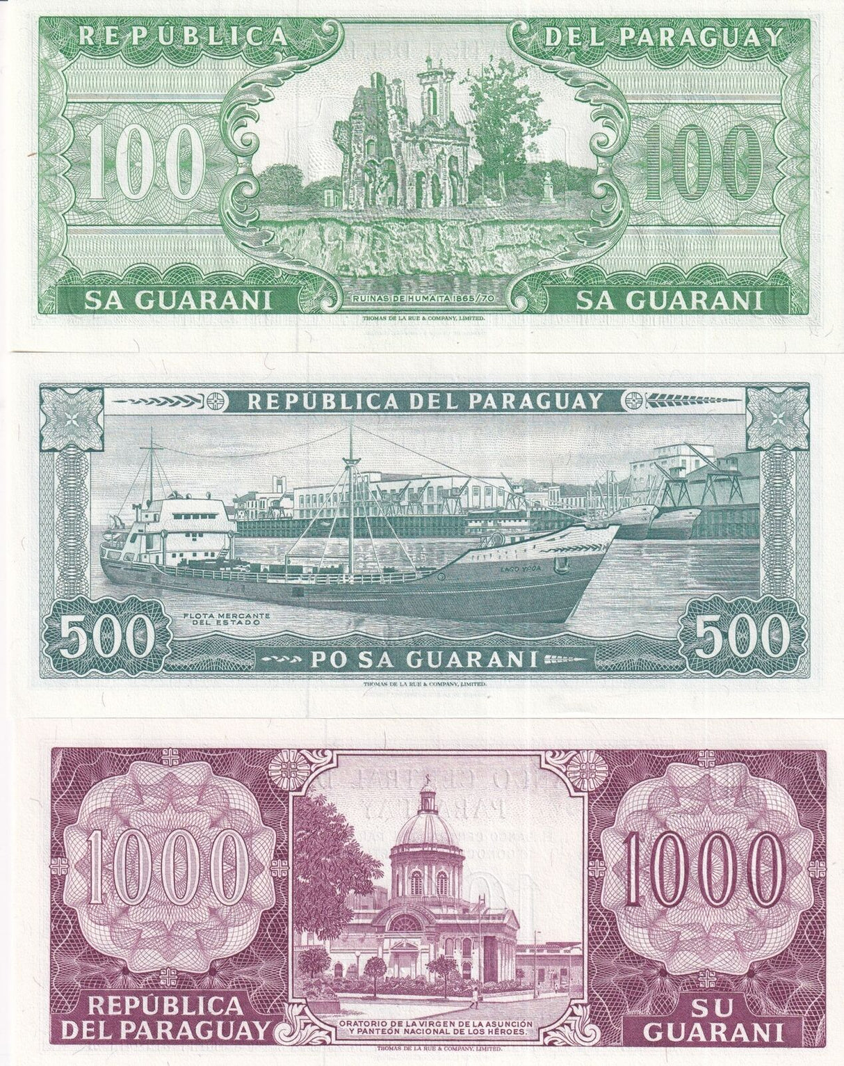 Paraguay Set 3 PCS 100 500 1000 Guaranies 1982 P 205 206 207 UNC